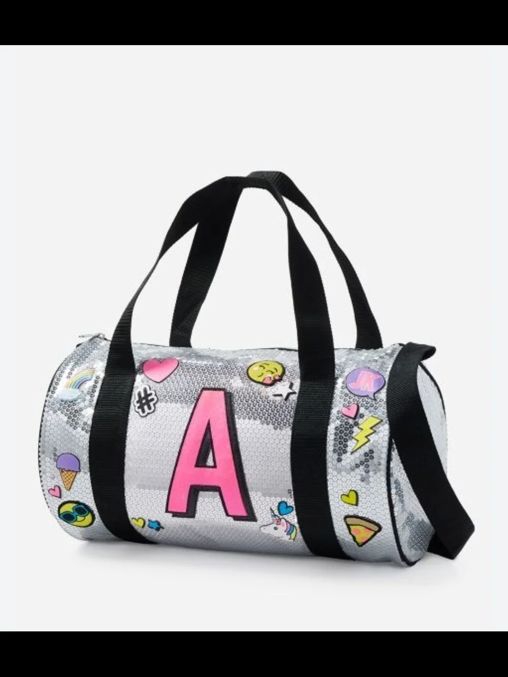 'Justice' Brand-Silver Sequin Duffel Bag with Pink 'A' Initial